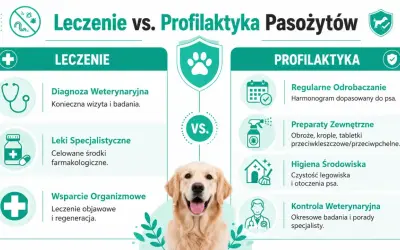 Leczenie vs. profilaktyka pasożytów u psa. Kluczowe jest regularne odrobaczanie, higiena i kontrola weterynaryjna.