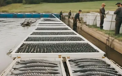 Des esturgeons dans un bassin d'élevage, alignés dans des bacs blancs. Des hommes travaillent à proximité, gérant cette ferme aquacole.
