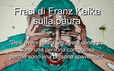 Un volto stilizzato con le mani sugli occhi, circondato da frasi di Kafka sulla paura e il coraggio.