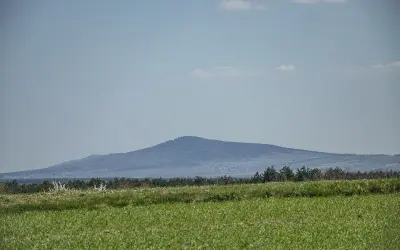 Łysa Góra, najwyższy szczyt Gór Świętokrzyskich, majaczy na horyzoncie. Przed nią zielone pola i las.