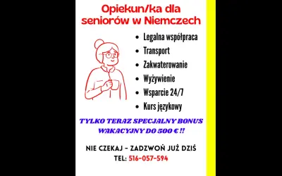 Praca w Niemczech z zakwaterowaniem i wyżywieniem dla opiekunów seniorów. Legalna współpraca, transport, wsparcie 24/7, kurs językowy. Bonus wakacyjny! Zadzwoń!