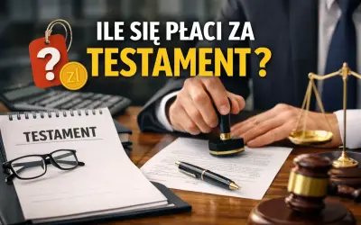 Ile kosztuje spisanie testamentu u notariusza? Na zdjęciu notariusz pieczętuje dokument, obok leżą okulary i notatnik z napisem "TESTAMENT".