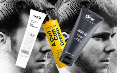 Tre flaconi di gel per capelli, uno bianco Nioxin, uno giallo Matrix e uno nero K-max, sovrapposti a volti maschili in bianco e nero. Il gel fa male ai capelli?