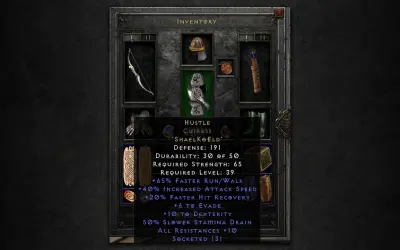 Zbroja "Hustle" z runami w Diablo 2. Szybkość, zwinność i odporność dla bohatera.