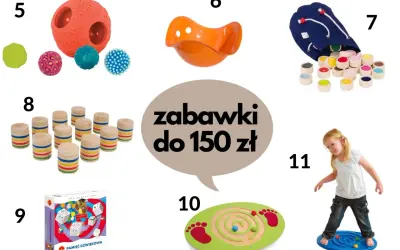 Zabawki wspierające rozwój 10 latka z zaburzeniami integracji sensorycznej: piłki sensoryczne, huśtawka, klocki, gra pamięciowa, labirynt.