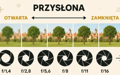 Jak ustawić przysłonę w aparacie? Grafika pokazuje wpływ otwartej i zamkniętej przysłony na głębię ostrości, od rozmytego tła przy f/1,4 do ostrych detali przy f/16.