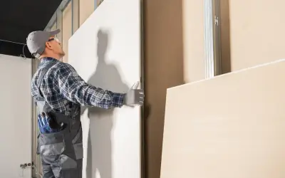 Operaio con guanti e tuta grigia maneggia un pannello di cartongesso, mostrando come togliere il cartongesso per ristrutturazioni.
