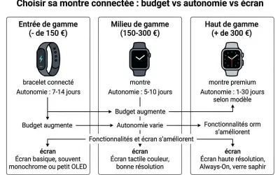 Guide pour comment choisir une montre connectée : compare budget, autonomie et écran. Entrée, milieu et haut de gamme.