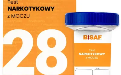 Test narkotykowy z moczu BISAF. Opakowanie i pojemnik na próbkę do badań.