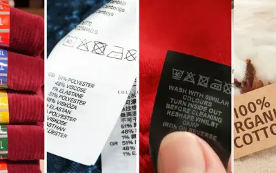 Etykiety odzieżowe pokazują skład materiału, w tym bawełnę, z której jest bawelna. Widoczne są też symbole pielęgnacji.