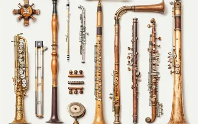 Kolekcja instrumentów dętych drewnianych, od saksofonu po klarnet, prezentuje bogactwo form i detali.
