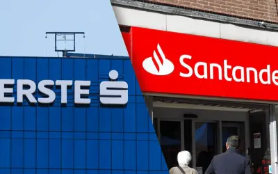 Budynek Erste Bank i wejście do placówki Santander. Zapomniałem hasła do banku Santander.