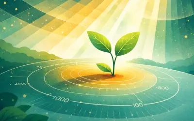 En grön planta växer i solljus, som en reflektor som lyser upp framtiden. Cirklar med siffror indikerar tillväxt.