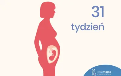 Sylwetka kobiety w ciąży, widoczny płód w brzuchu. Napis "31 tydzień".