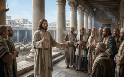 Jesus lehrt seine Jünger, wie in Johannes 5,30 beschrieben. Er steht vor einer Gruppe von Männern, während Schafe im Hintergrund grasen.