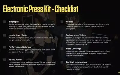 Checklist pour un dossier de presse artiste exemple : biographie, musique, photos, vidéos, agenda, presse, contacts.