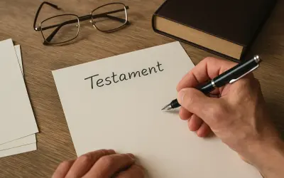 Dłoń pisze piórem na dokumencie z napisem "Testament". Obok leżą okulary i oprawiona księga.