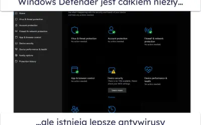 Interfejs Windows Defender z sekcjami ochrony: wirusów, konta, sieci. Wszystko działa, ale czy to wystarczy?