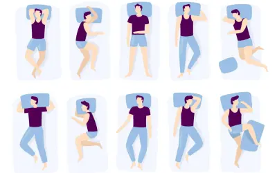 Ten illustrations show different sleeping positions, from fetal curl to starfish.