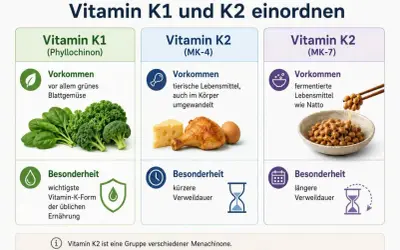 Vitamin K1 aus grünem Gemüse, K2 (MK-4) aus tierischen Lebensmitteln und K2 (MK-7) aus fermentierten Lebensmitteln wie Natto.