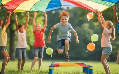 Radosne dzieci skaczą pod kolorowym spadochronem, bawiąc się wesoło. To wspaniałe zabawy z liną i balonami na trawie.