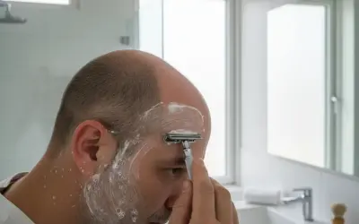 Mann rasiert sich die Glatze mit einem Rasierhobel und Rasierschaum im Badezimmer.