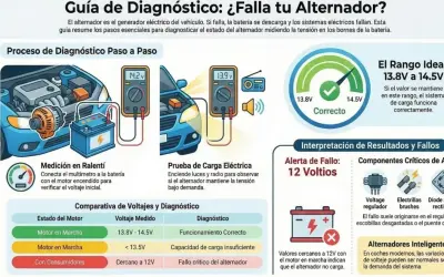 Guía para diagnosticar por qué se daña el alternador: mide el voltaje del coche en ralentí y bajo carga para detectar fallos.