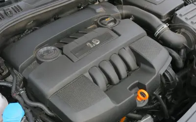 Silnik 1.6 TDI z logiem Škody. Ten silnik, choć nie jest to model Bora, zapewnia moc i niezawodność.