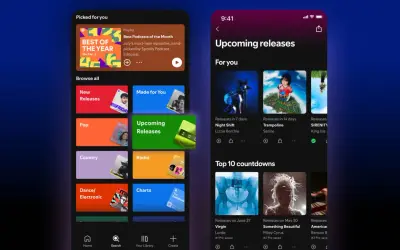 Spotify app showing "Upcoming releases" with options to "how to presave on Spotify" for new music.