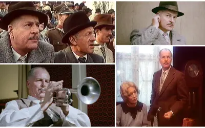 Kadr z filmu "Vabank". Reżyser Juliusz Machulski w różnych wcieleniach, grający na trąbce i w eleganckim kapeluszu.