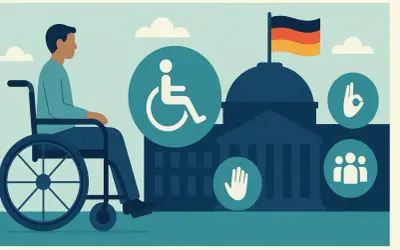 Mann im Rollstuhl vor einem Gebäude mit deutscher Flagge. Symbole für Barrierefreiheit und Gemeinschaft stehen für die Rechte **behinderter in Deutschland**.