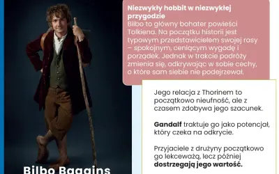 Bilbo Baggins, hobbit z laską, w stroju podróżnym.