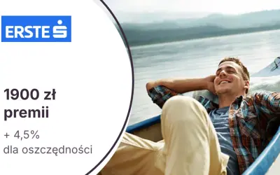 Erste Bank: 1900 zł premii i 4,5% dla oszczędności. Mężczyzna odpoczywa na łodzi, ciesząc się spokojem.