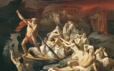 Pędzący Charon z wiosłem, przewożący dusze przez mroczną rzekę, na tle ognistego nieba.