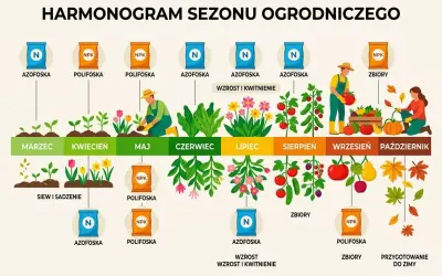Harmonogram sezonu ogrodniczego: od marca do października, z zastosowaniem nawozów Azofoska i Polifoska dla wzrostu i zbiorów.
