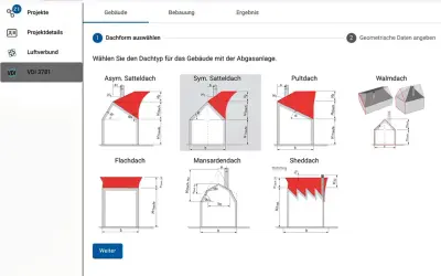 Software zur Berechnung von **ableitbedingungen schornstein**. Auswahl verschiedener Dachformen für Gebäude mit Abgasanlage.