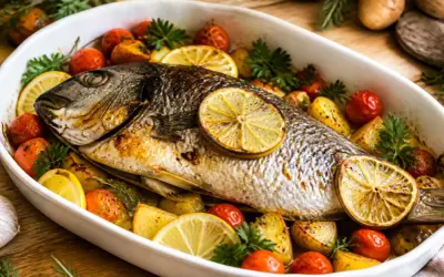 Un plat appétissant de filet de daurade rôti, garni de quartiers de citron, de tomates cerises et de pommes de terre.