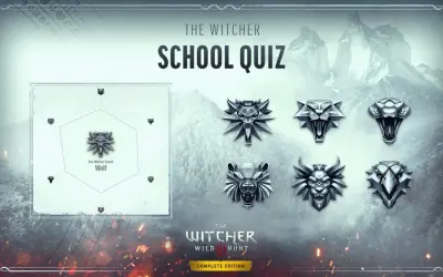 Quiz "Szkoły Wiedźmińskie" z symbolami wilka, węża, niedźwiedzia i gryfa. Wynik: Szkoła Wilka.