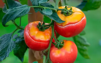 Tomaterna på plantan är mogna och röda med gula toppar. De behöver vattnas för att inte spricka.
