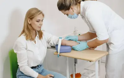 Pielęgniarka pobiera krew, a pacjentka ma lekki siniak po pobraniu krwi.