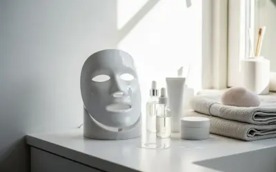 Ansiktsmaskin för LED-terapi och hudvårdsprodukter, inklusive serum och en borste för mekanisk peeling.