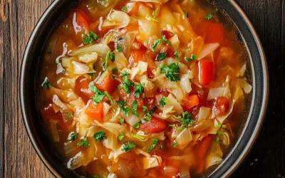 Herzhaftes Kohlsuppe Rezept mit viel Gemüse, wie Kohl, Karotten und Tomaten, garniert mit frischer Petersilie.