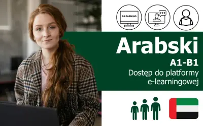 Młoda kobieta z rudymi włosami uczy się arabskiego online. Dostęp do platformy e-learningowej A1-B1.