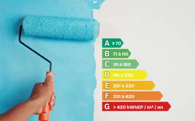 Application d'une peinture isolante thermique sur un mur bleu, avec un barème d'efficacité énergétique.