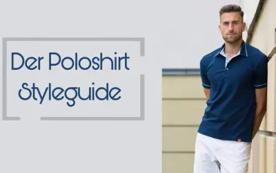 Ein Mann in einem dunkelblauen Poloshirt aus Frottee lehnt an einer Wand. Der Text "Der Poloshirt Styleguide" ist links zu sehen.
