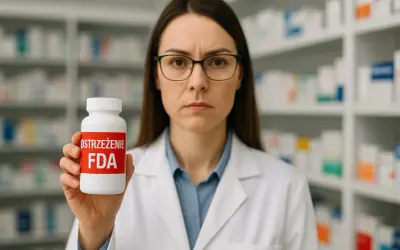 Farmaceutka w okularach trzyma białą buteleczkę z napisem "OSTRZEŻENIE FDA". Tiane sal.