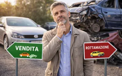 Uomo pensieroso davanti a segnali di "Vendita" e "Rottamazione", con auto rottamate sullo sfondo. Valuta se rivendere auto acquistata con incentivi.