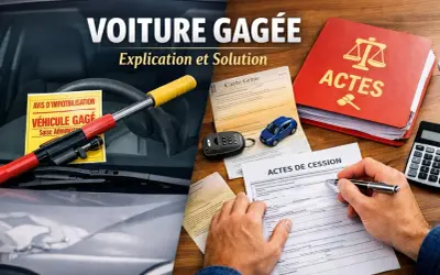 Comment savoir si une voiture est gagée : un volant avec un avis de véhicule gagé, une carte grise, des actes de cession et un livre rouge "Actes".