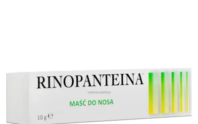 Opakowanie maści do nosa Rinopanteina, 10 g. Pomaga przy suchości i podrażnieniach nosa.