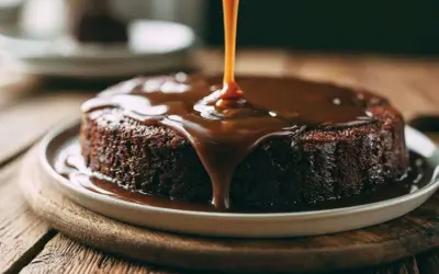 Un gâteau au chocolat moelleux est nappé d'un généreux caramel liquide, créant une cascade dorée et gourmande.